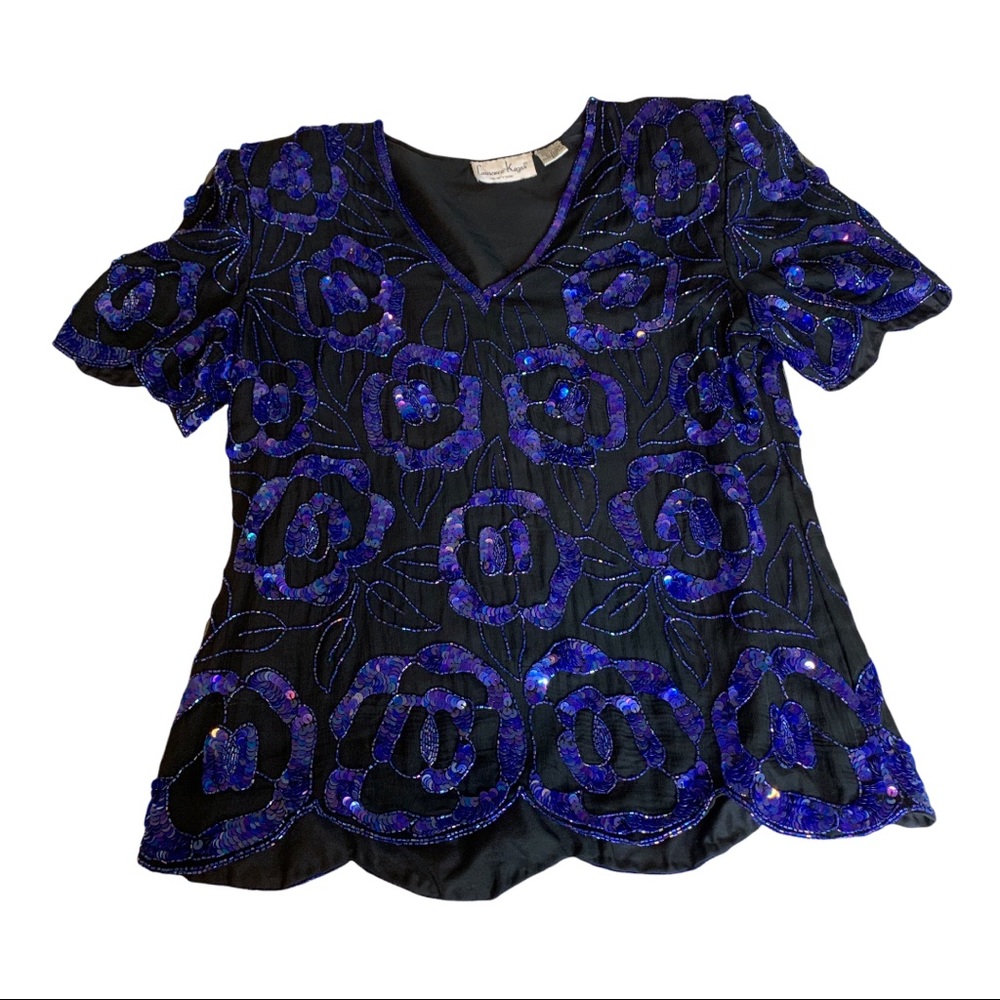 Holiday Party Laurence Kazar 80’s Blue Sequined Blouse Top